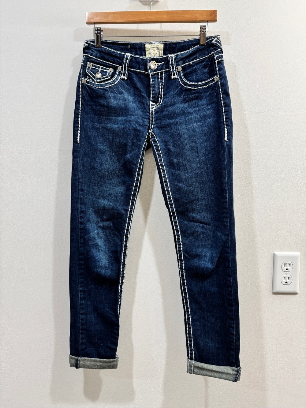 Y2K LA Idol USA Thick White Stitch Embellished Skinny Jeans Size 7 W30 L30